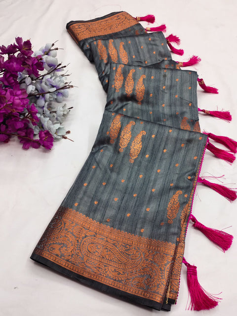 VastraLakshmi Engrossing Grey Soft Banarasi Silk Saree With Incomparable Blouse Piece