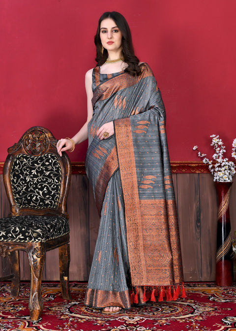 VastraLakshmi Engrossing Grey Soft Banarasi Silk Saree With Incomparable Blouse Piece