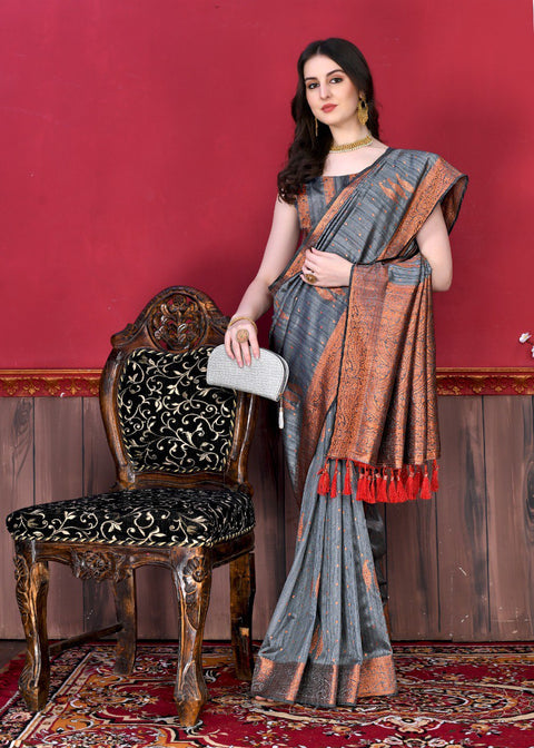 VastraLakshmi Engrossing Grey Soft Banarasi Silk Saree With Incomparable Blouse Piece