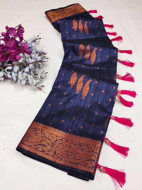 VastraLakshmi Breathtaking Navy Blue Soft Banarasi Silk Saree With Incomparable Blouse Piece