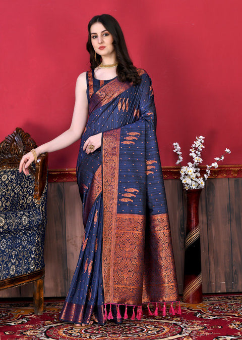 VastraLakshmi Breathtaking Navy Blue Soft Banarasi Silk Saree With Incomparable Blouse Piece