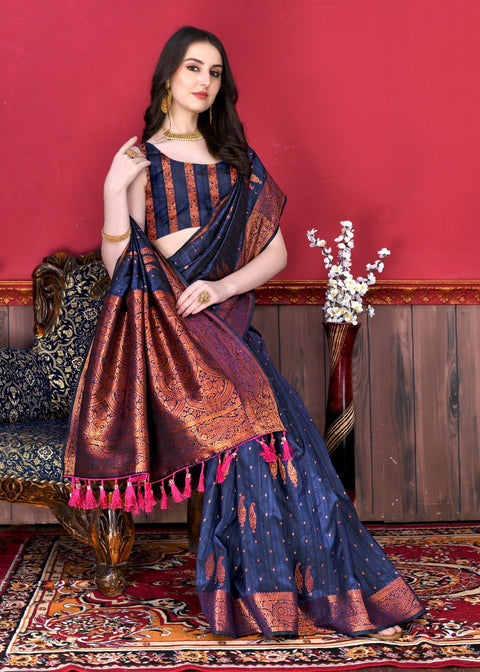 VastraLakshmi Breathtaking Navy Blue Soft Banarasi Silk Saree With Incomparable Blouse Piece