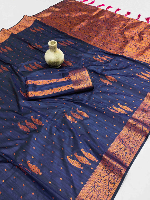 VastraLakshmi Breathtaking Navy Blue Soft Banarasi Silk Saree With Incomparable Blouse Piece