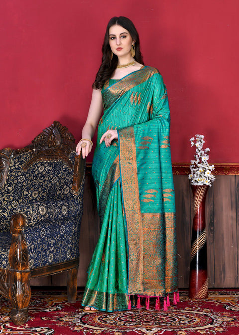 VastraLakshmi Arresting Rama Soft Banarasi Silk Saree With Incomparable Blouse Piece