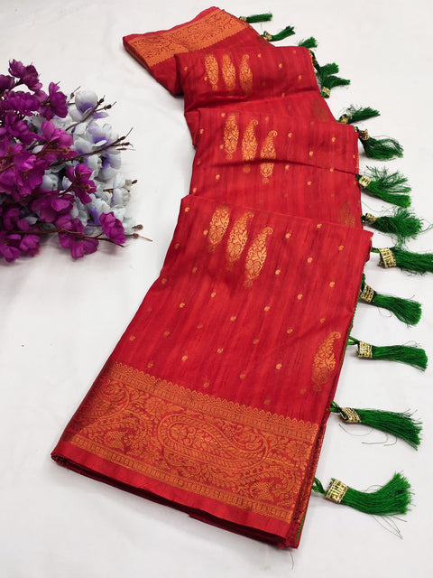 VastraLakshmi Captivating Red Soft Banarasi Silk Saree With Incomparable Blouse Piece