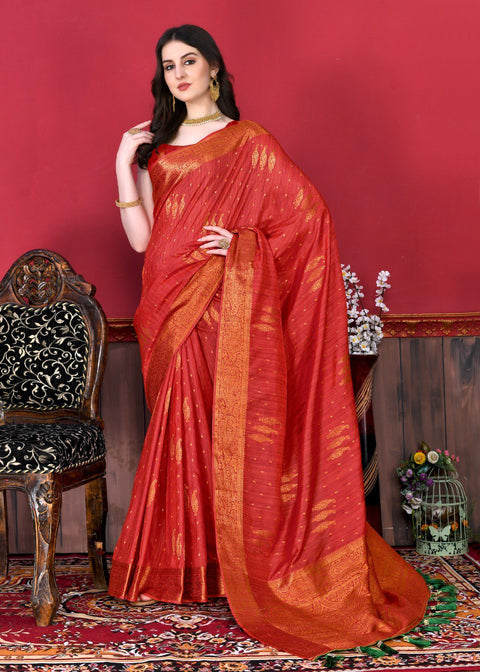 VastraLakshmi Captivating Red Soft Banarasi Silk Saree With Incomparable Blouse Piece