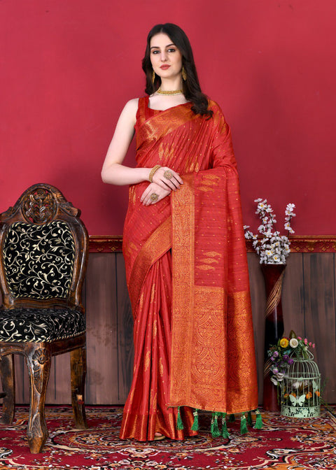 VastraLakshmi Captivating Red Soft Banarasi Silk Saree With Incomparable Blouse Piece