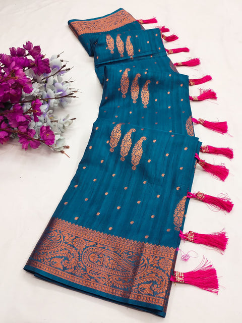 VastraLakshmi Captivating Teal Blue Soft Banarasi Silk Saree With Incomparable Blouse Piece