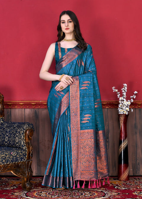 VastraLakshmi Captivating Teal Blue Soft Banarasi Silk Saree With Incomparable Blouse Piece