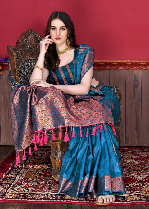 VastraLakshmi Captivating Teal Blue Soft Banarasi Silk Saree With Incomparable Blouse Piece