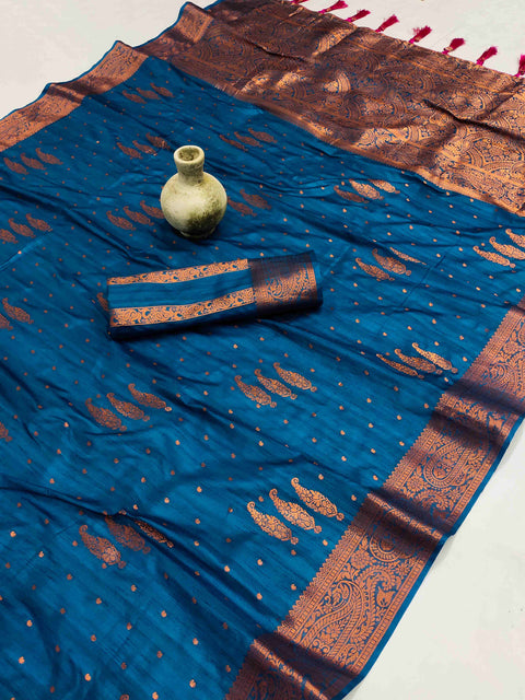 VastraLakshmi Captivating Teal Blue Soft Banarasi Silk Saree With Incomparable Blouse Piece