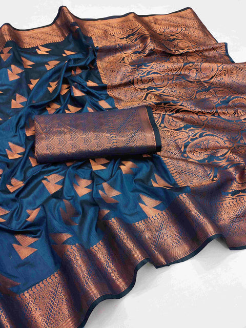 VastraLakshmi Pretty Navy Blue Banarasi Silk Saree With Forbearance Blouse Piece