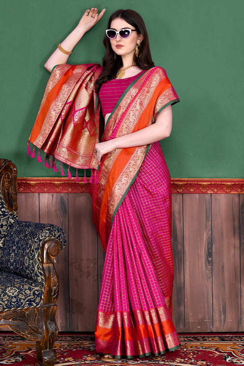 VastraLakshmi Opulent Dark Pink Soft Banarasi Silk Saree With Jazzy Blouse Piece