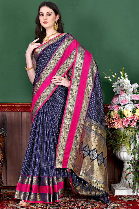 VastraLakshmi Deserving Navy Blue Soft Banarasi Silk Saree With Breathtaking Blouse Piece