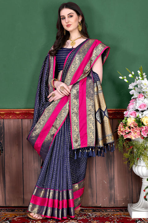 VastraLakshmi Deserving Navy Blue Soft Banarasi Silk Saree With Breathtaking Blouse Piece