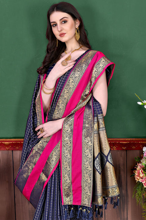 VastraLakshmi Deserving Navy Blue Soft Banarasi Silk Saree With Breathtaking Blouse Piece