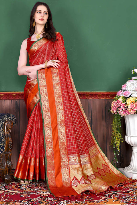 VastraLakshmi Bewitching Red Soft Banarasi Silk Saree With Demure Blouse Piece