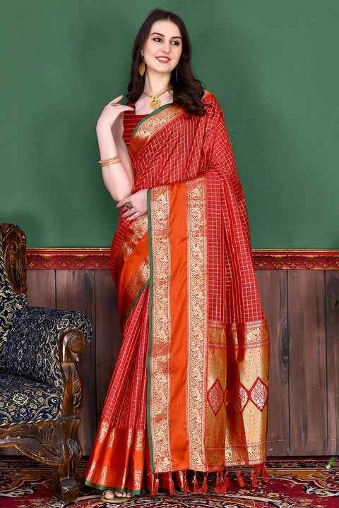 VastraLakshmi Bewitching Red Soft Banarasi Silk Saree With Demure Blouse Piece