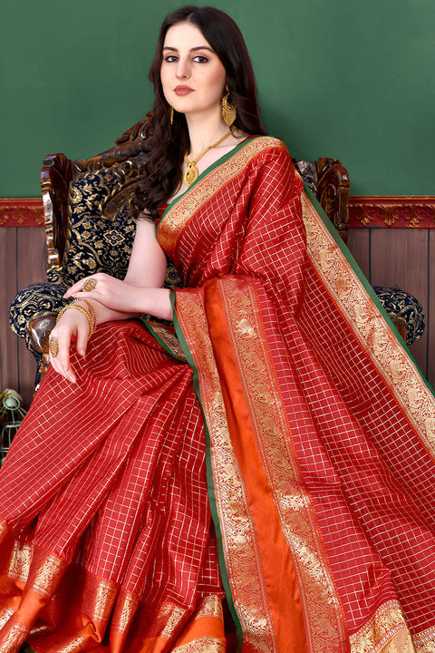 VastraLakshmi Bewitching Red Soft Banarasi Silk Saree With Demure Blouse Piece