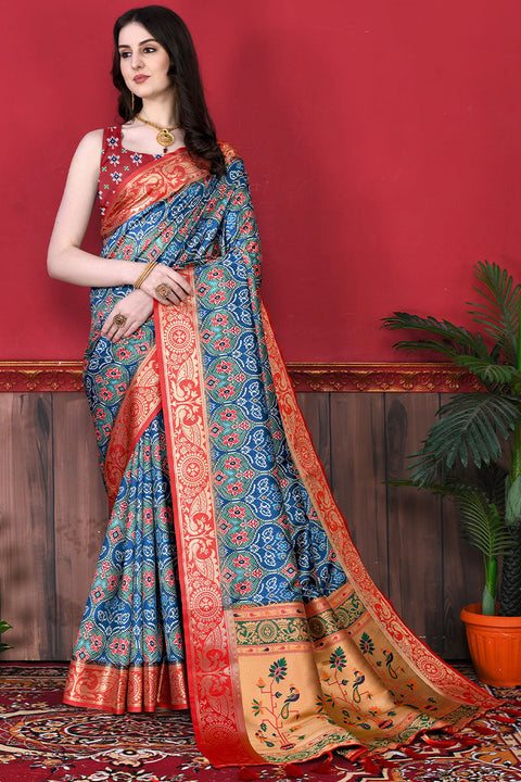 VastraLakshmi Serendipity Firozi Patola Silk Saree with Forbearance Blouse Piece