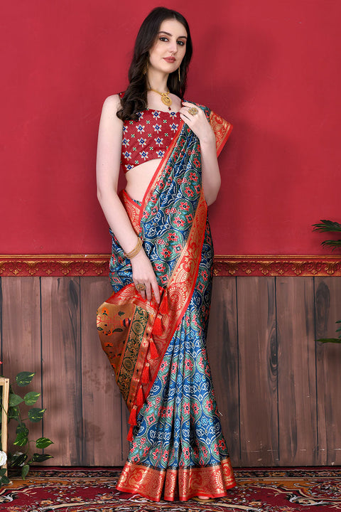 VastraLakshmi Serendipity Firozi Patola Silk Saree with Forbearance Blouse Piece