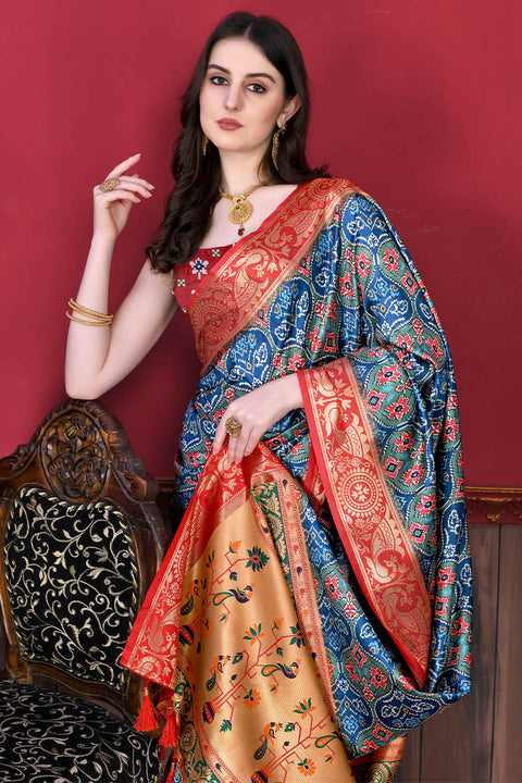 VastraLakshmi Serendipity Firozi Patola Silk Saree with Forbearance Blouse Piece