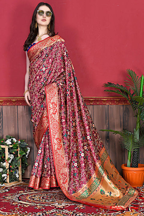 VastraLakshmi Conflate Maroon Patola Silk Saree with Angelic Blouse Piece