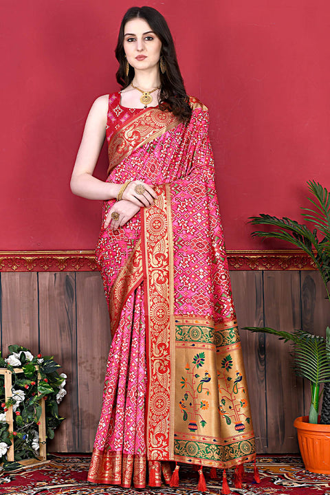 VastraLakshmi Classic Pink Patola Silk Saree with Blissful Blouse Piece