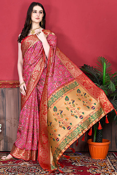 VastraLakshmi Classic Pink Patola Silk Saree with Blissful Blouse Piece