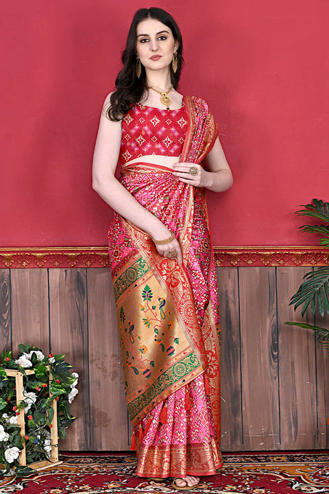 VastraLakshmi Classic Pink Patola Silk Saree with Blissful Blouse Piece