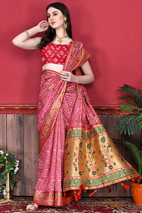 VastraLakshmi Classic Pink Patola Silk Saree with Blissful Blouse Piece