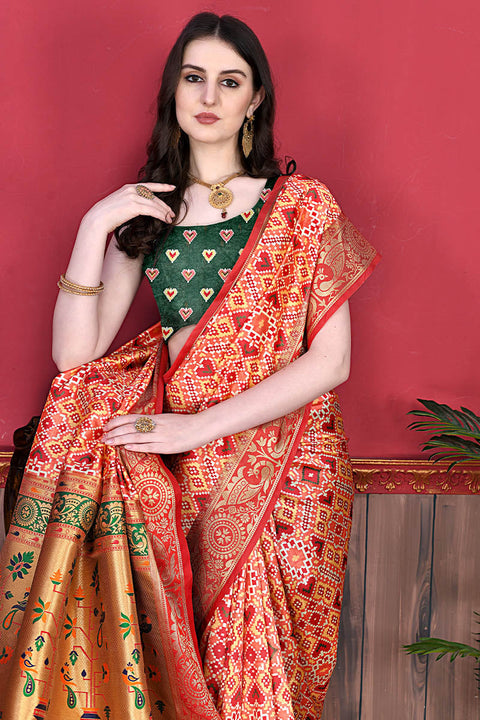 VastraLakshmi Ethnic Red Patola Silk Saree with Glowing Blouse Piece