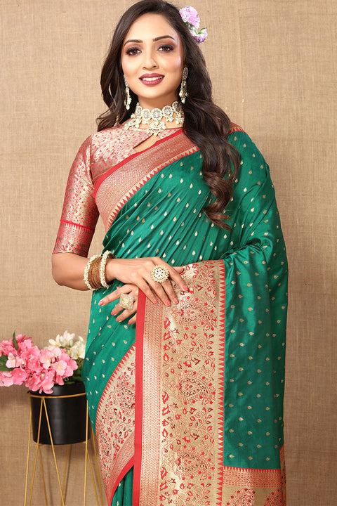 VastraLakshmi Panoply Green Soft Banarasi Silk Saree With Seraglio Blouse Piece