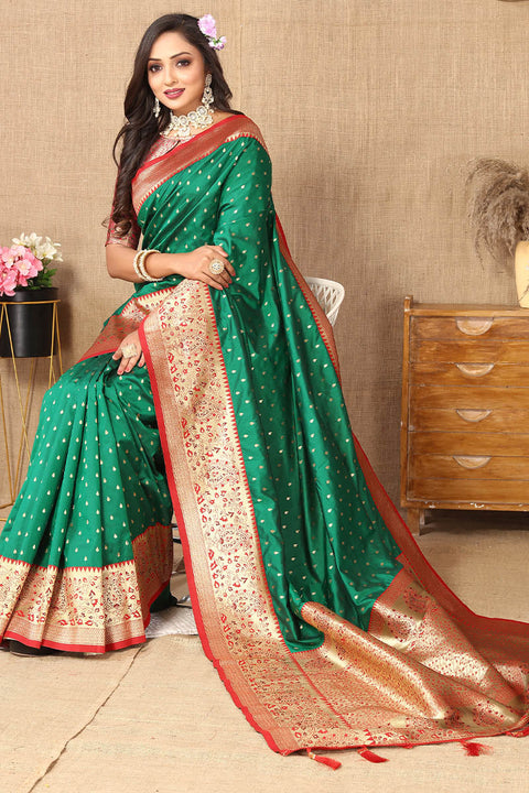 VastraLakshmi Panoply Green Soft Banarasi Silk Saree With Seraglio Blouse Piece