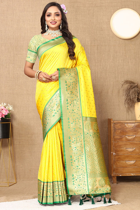 VastraLakshmi Forbearance Yellow Soft Banarasi Silk Saree With Efflorescence Blouse Piece