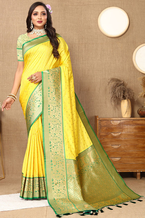 VastraLakshmi Forbearance Yellow Soft Banarasi Silk Saree With Efflorescence Blouse Piece