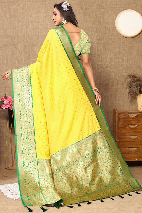 VastraLakshmi Forbearance Yellow Soft Banarasi Silk Saree With Efflorescence Blouse Piece