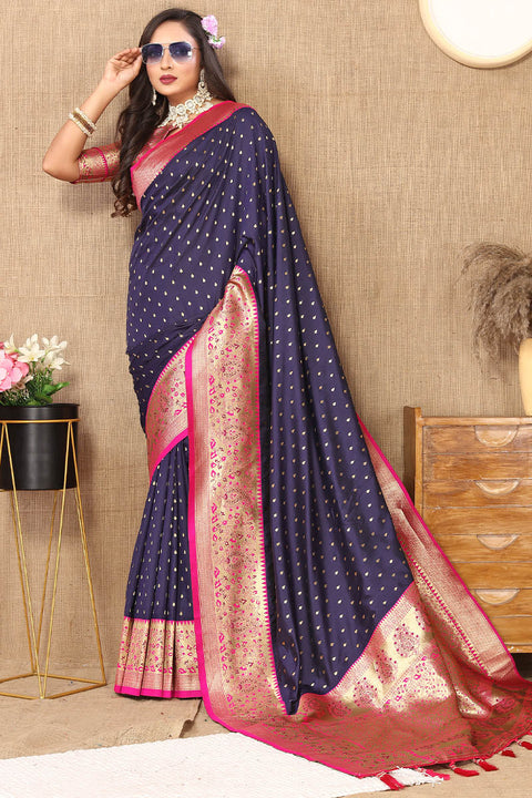 VastraLakshmi Chatoyant Navy Blue Soft Banarasi Silk Saree With Angelic Blouse Piece