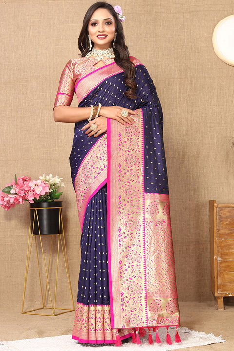 VastraLakshmi Chatoyant Navy Blue Soft Banarasi Silk Saree With Angelic Blouse Piece