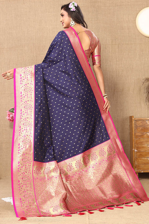 VastraLakshmi Chatoyant Navy Blue Soft Banarasi Silk Saree With Angelic Blouse Piece