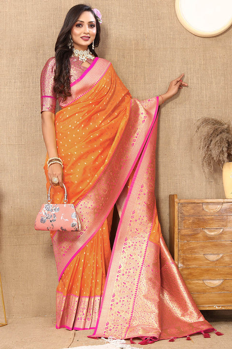 VastraLakshmi Fairytale Orange Soft Banarasi Silk Saree With Classic Blouse Piece