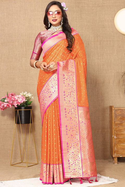 VastraLakshmi Fairytale Orange Soft Banarasi Silk Saree With Classic Blouse Piece