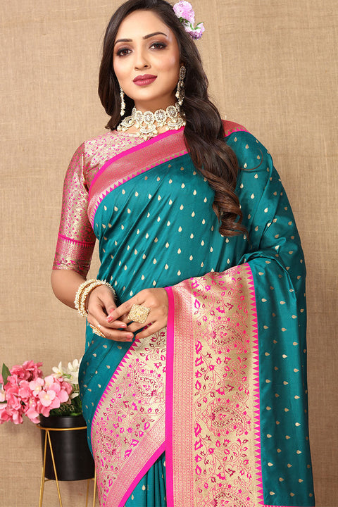 VastraLakshmi Ailurophile Rama Soft Banarasi Silk Saree With Conflate Blouse Piece