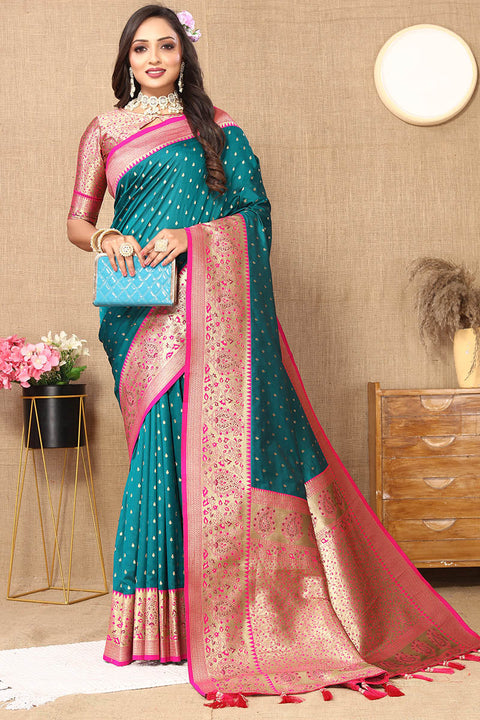 VastraLakshmi Ailurophile Rama Soft Banarasi Silk Saree With Conflate Blouse Piece