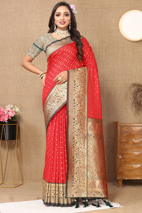 VastraLakshmi Evanescent Red Soft Banarasi Silk Saree With Lassitude Blouse Piece