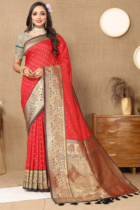 VastraLakshmi Evanescent Red Soft Banarasi Silk Saree With Lassitude Blouse Piece