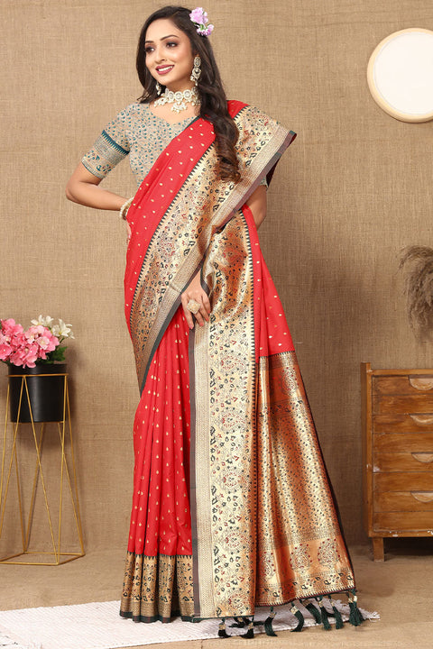 VastraLakshmi Evanescent Red Soft Banarasi Silk Saree With Lassitude Blouse Piece