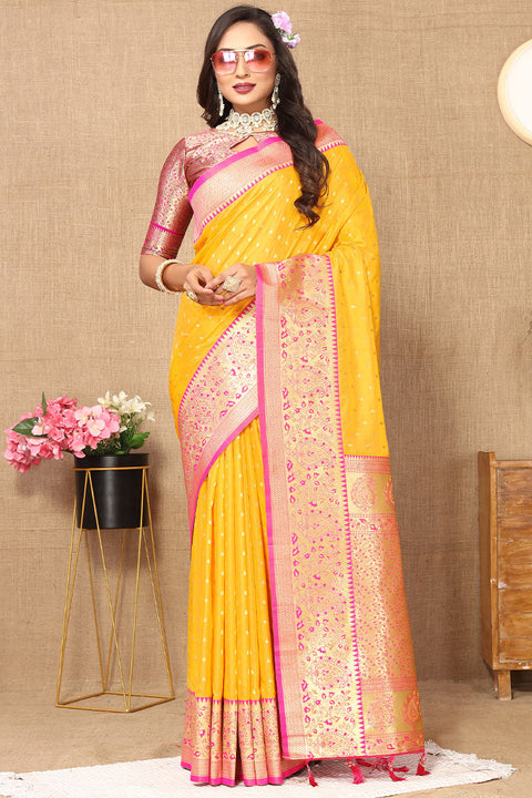 VastraLakshmi Desuetude Yellow Soft Banarasi Silk Saree With Incredible Blouse Piece