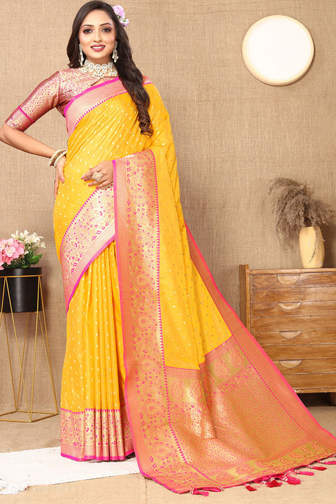 VastraLakshmi Desuetude Yellow Soft Banarasi Silk Saree With Incredible Blouse Piece