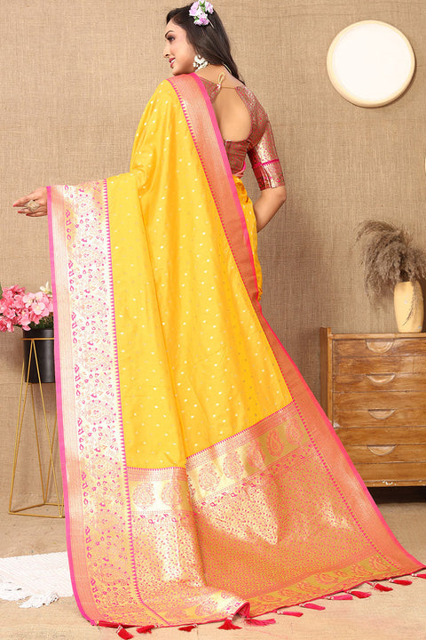 VastraLakshmi Desuetude Yellow Soft Banarasi Silk Saree With Incredible Blouse Piece